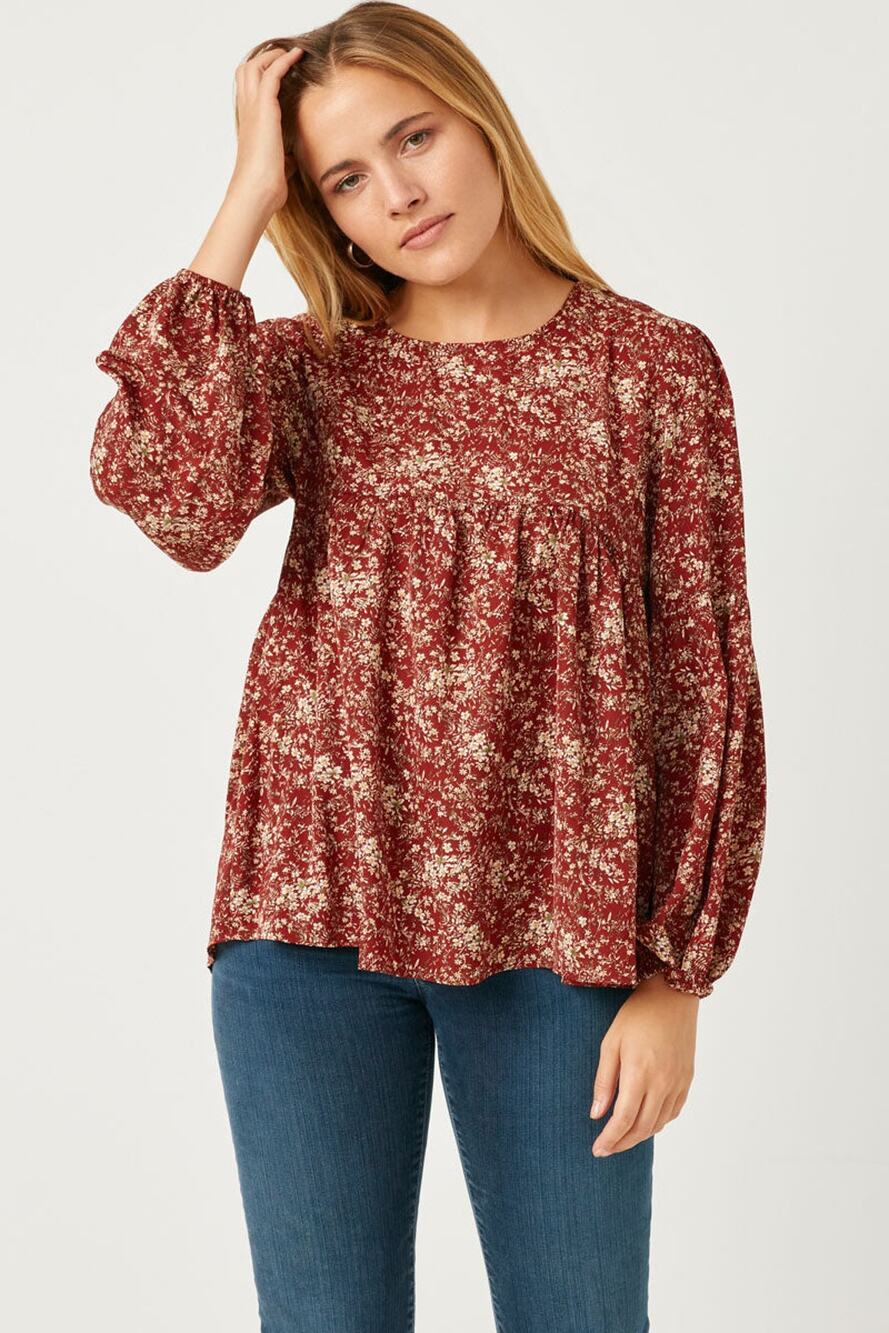 HAYDEN Kristie Misses Burgundy Floral Puff Sleeve Babydoll Top Medium